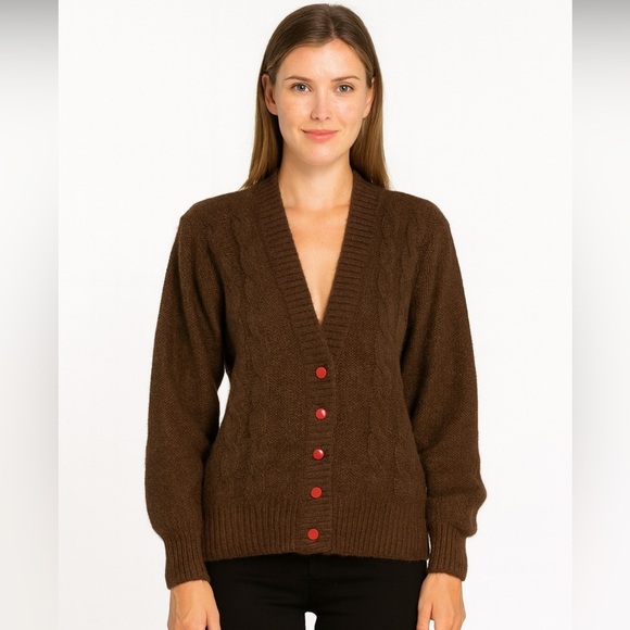 st. Cafenion Sweaters - Wool blend Vintage Brown Cable Knit Cardigan Sweater M